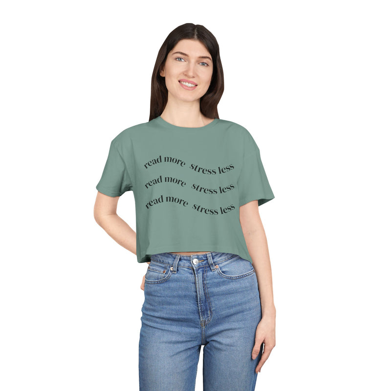 Read More, Stress Less Crop Tee — Women's Relaxed Reading Shirt
