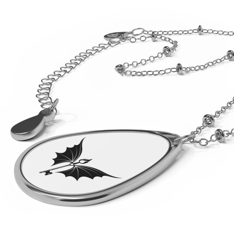 Gothic Bat Wing Oval Necklace — Silver Teardrop Pendant