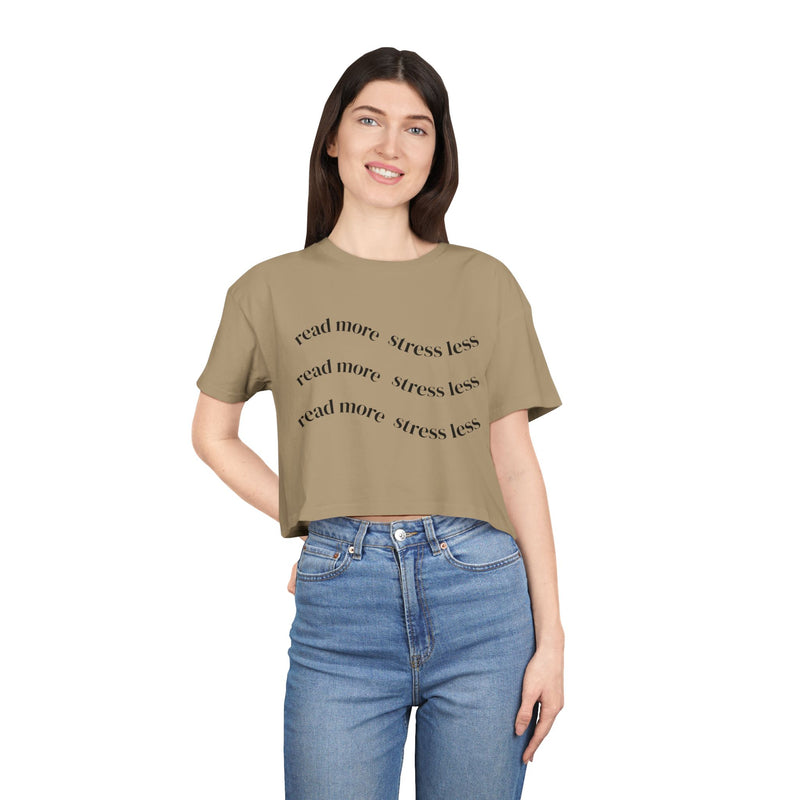 Read More, Stress Less Crop Tee — Women's Relaxed Reading Shirt