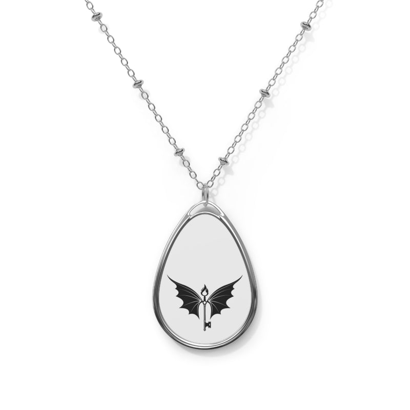 Gothic Bat Wing Oval Necklace — Silver Teardrop Pendant